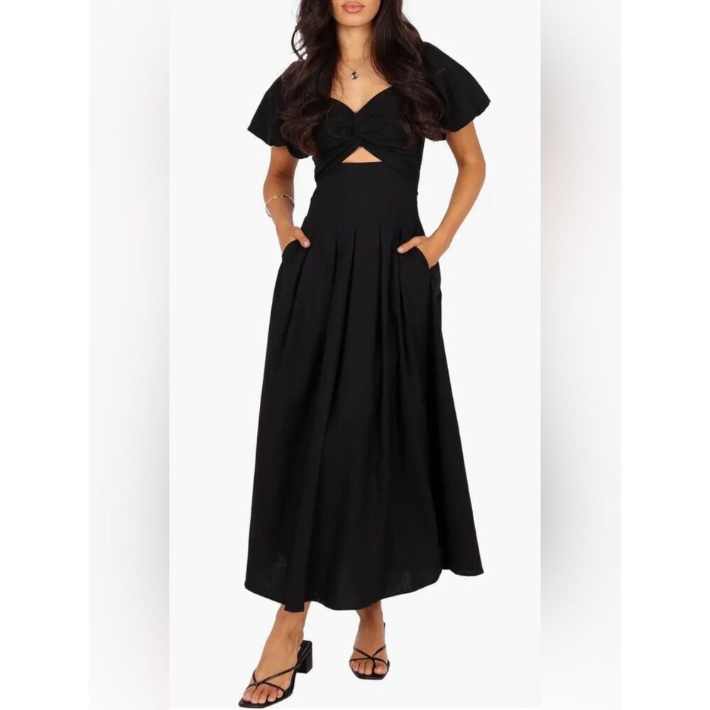 Petal & Pup Maria Cutout Puff Sleeve Midi Dress Black Pleated Pockets Sz M NWT
